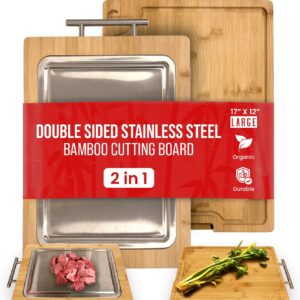 2-in-1 Bamboo Cutting Board With Handle, Double Sided Stainless Steel Cutting Boards With Juice Groove, Large Meat Cutting Board, Wood Cutting Boards For Kitchen, 16.9 x11.8 in