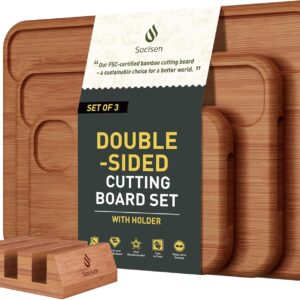 3 Packs Bamboo Cutting Board Set with Holder Nice Solid Thick Wood Deep Juice Groove & Built-in Handles Chopping Board Large Big Small Best Hardwood Kitchen Counter Organic Vegetable Meat BBQ Kit