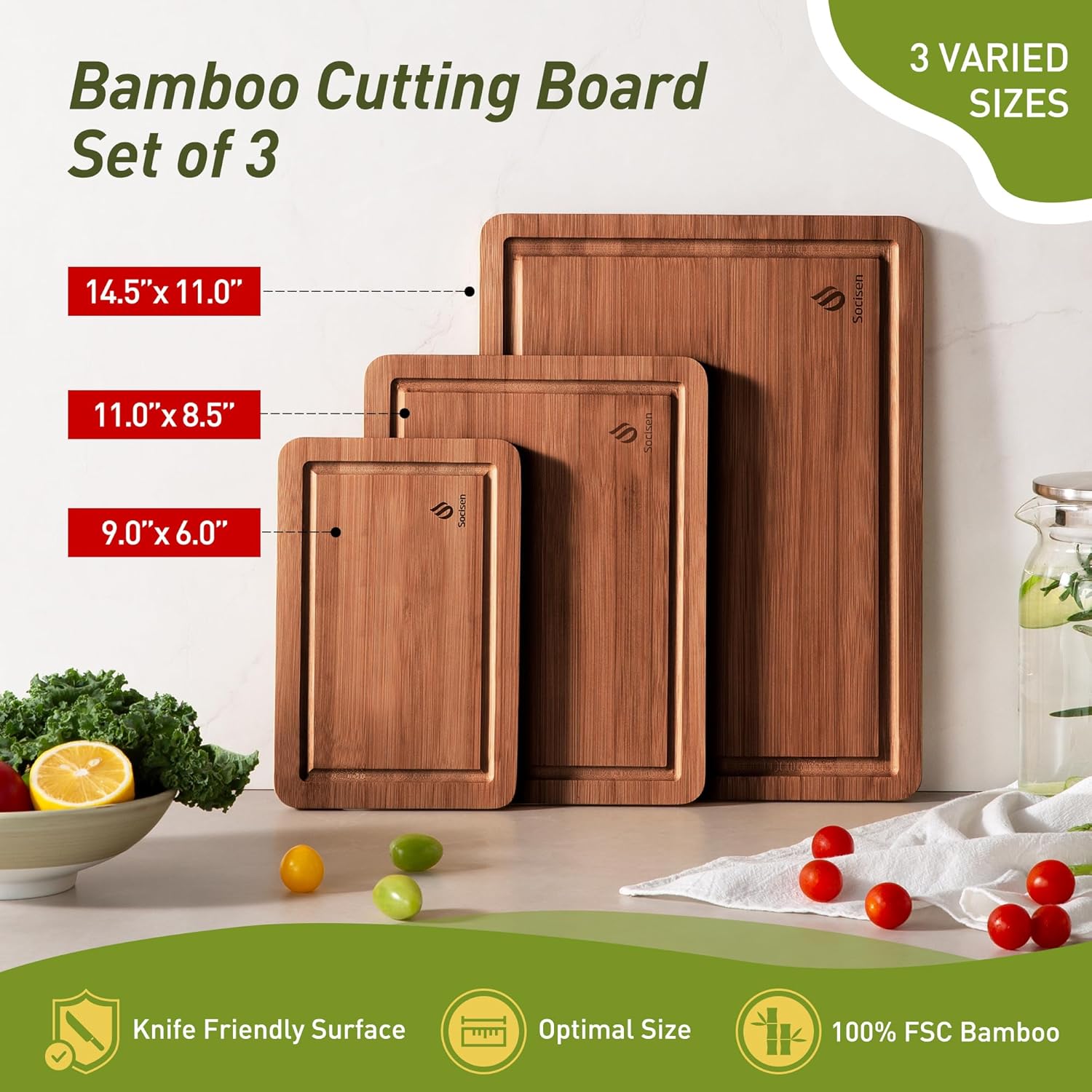 3 Packs Bamboo Cutting Board Set with Non Slip Feet and Over Sink Nice Solid Thick Wood Juice Groove Chopping Board Extra Large Big Small Best Hardwood Kitchen Counter Organic Vegetable - Image 4