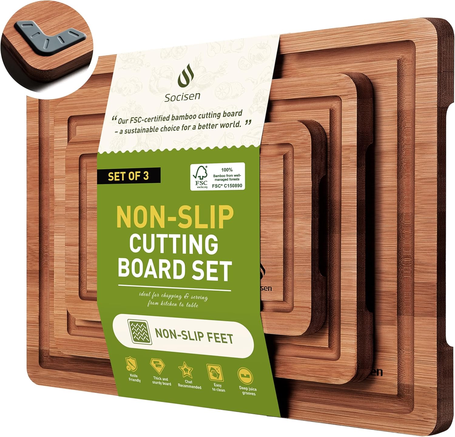 3 Packs Bamboo Cutting Board Set with Non Slip Feet and Over Sink Nice Solid Thick Wood Juice Groove Chopping Board Extra Large Big Small Best Hardwood Kitchen Counter Organic Vegetable
