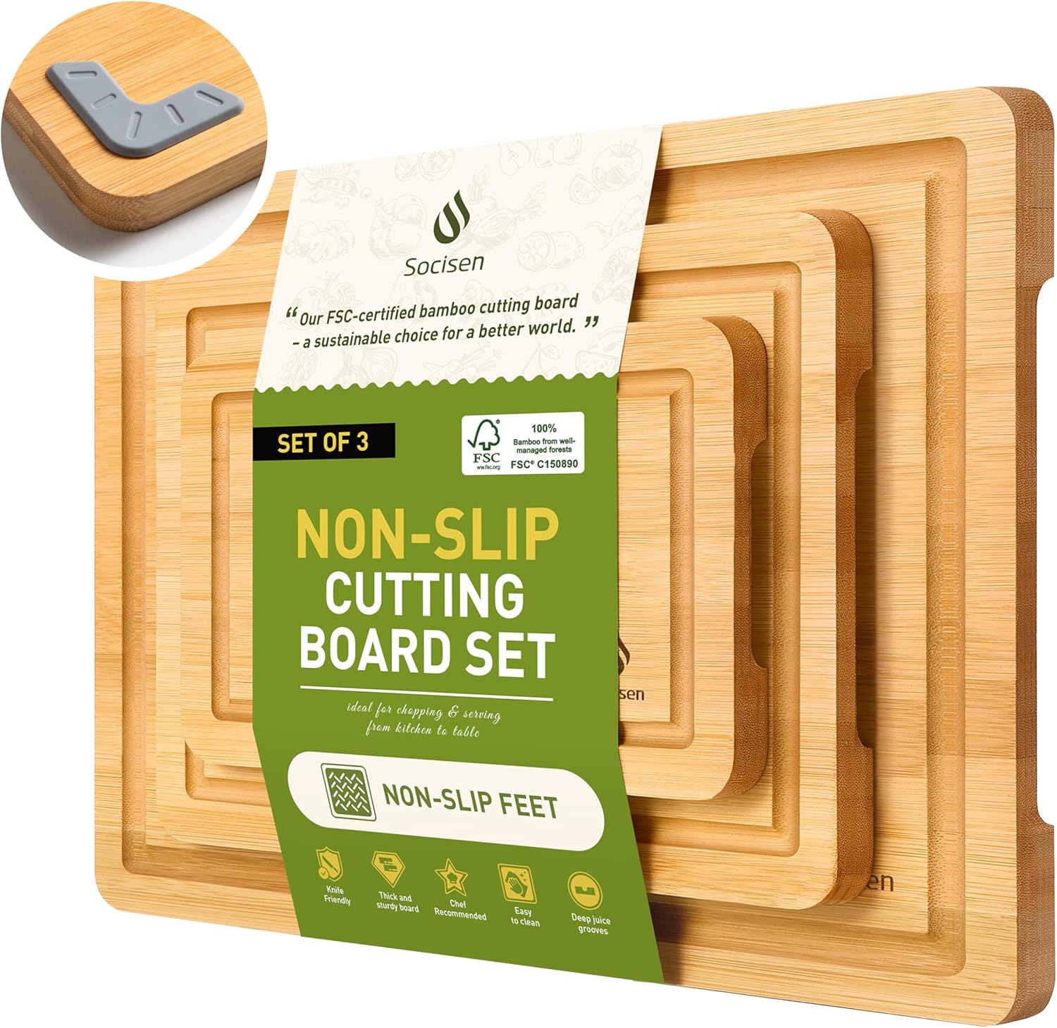 3 Packs Bamboo Cutting Board Set with Non Slip Feet and Over Sink Nice Solid Thick Wood Juice Groove Chopping Board Extra Large Big Small Best Hardwood Kitchen Counter Organic Vegetable - Image 14