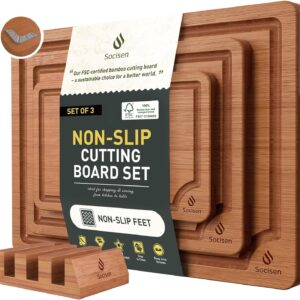 3 Packs Bamboo Cutting Board Set with Non Slip Feet Holder and Over Sink Nice Solid Thick Wood Juice Groove Chopping Board Extra Large Big Small Best Hardwood Kitchen Organic Vegetable Meat BBQ Kit