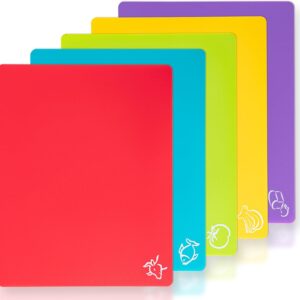 5 Pieces Flexible Plastic Cutting Board Mats with Food Icons, BPA Free Cutting Boards for Kitchen, Non Slip Cutting Mat for Meat and Vegetables (Red, Bright Yellow, Light Green, Purple, Lake Blue)