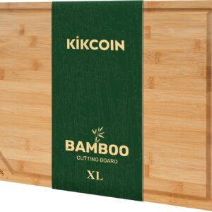 Bamboo Cutting Boards for Kitchen, Extra Large Wood Cutting Board with Deep Juice Groove and Handle Heavy Duty Chopping board, Kikcoin, 17.6" x 12"