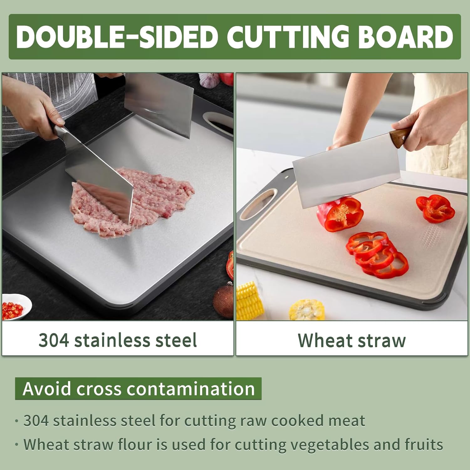 Cutting Board Double Sided,Large Stainless Steel Cutting Boards,Wheat Straw Cutting Boards for Kitchen,for Meat, Veggies, Fruits, with Easy Grip Handle,Dishwasher Safe (1, Large) - Image 2
