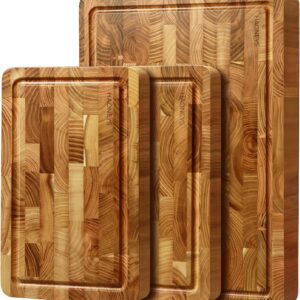 Cutting Board Set of 3, Teak Wood End Grain Cutting Boards for Kitchen, Large Wood Chopping Board with Hidden Handles, Wooden Charcuterie Board for Meat, Vegetables, Fruits, Bread, Cheese