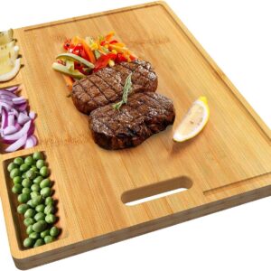 Cutting Boards,Large Bamboo Chopping Board, Built-In 3 Compartments And Juice Grooves, Charcuterie Board for Kitchen Counter Meat (Butcher Block) Cheese, Vegetables,Bread (17 x 12.6")