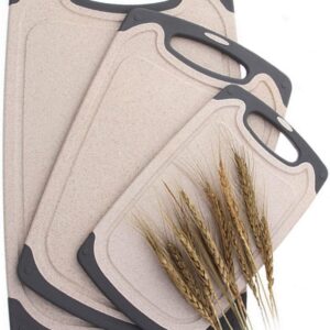 FLYINGSEA Cutting Boards For Kitchen, Anti-Skid Eco-Wheat Straw Cutting Board Set (3 Pcs), Dishwasher Safe (light brown)