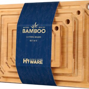 Hiware 4-Piece Extra Large Bamboo Cutting Boards Set for Kitchen, Heavy Duty Cutting Board with Juice Groove, Bamboo Chopping Board Set for Meat, Vegetables - Pre Oiled
