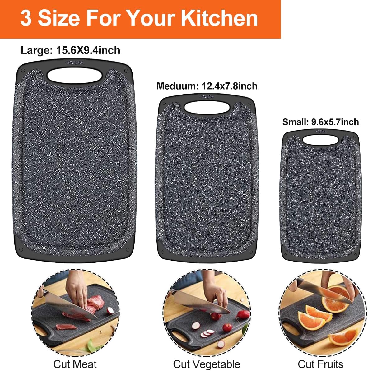 KIMIUP Kitchen Cutting Board (Set of 3),Professional Chopping Boards Sets,Dishwasher Safe Cutting Boards With Juice Grooves & Carrying Handle & No BPA - Image 4