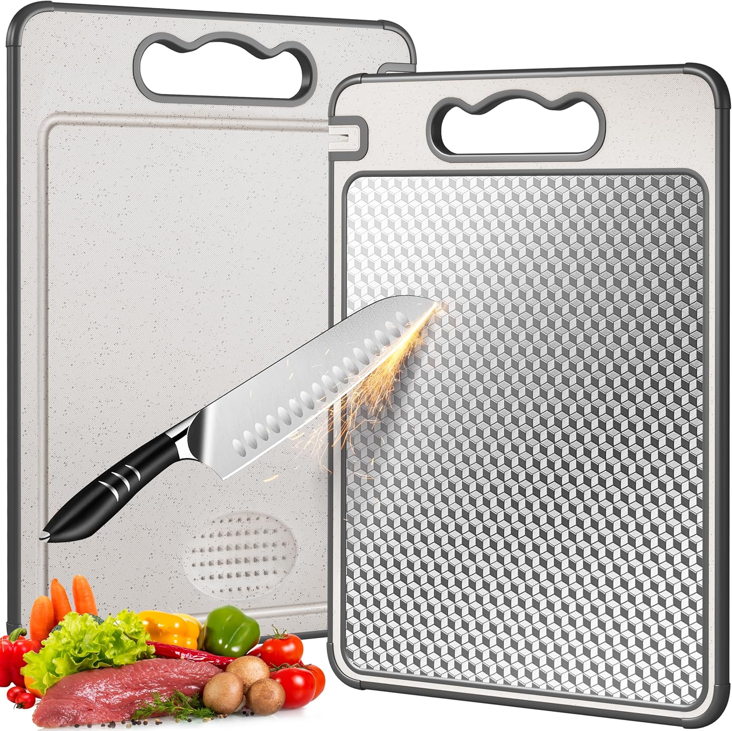 LOZOVIN Double Sided 304 Stainless Steel & Wheat Straw Cutting Board, 14.4"*9.8" Non Toxic Chopping Board, Separately Handle Meat and Vegetables, Dishwasher Safe, Scratch Resistant Mesh Design