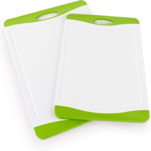 Neoflam 2 Piece Plastic Cutting Board Set, Microban Protection, Stain & Odor Free, Extra Large, BPA Free, Juice Groove, Non Slip, Dishwasher Safe, Easy Grip Handle, White Green