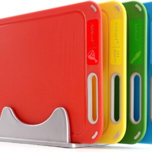 Plastic Cutting Board, Set of 4 with Storage Stand, Color Box Packed, BPA-Free, Preventing Cross-contamination of Different Food Types, Dishwasher Safe