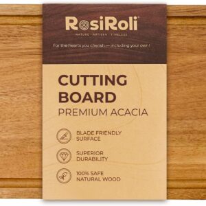 RosiRoli Acacia Wood Cutting Board for Kitchen - 0.8 inch Thick Wood Charcuterie Cheese Board with Side Handles and Juice Grooves, Wooden Chopping Block for Meat and Veggies, 11.5x7 inch