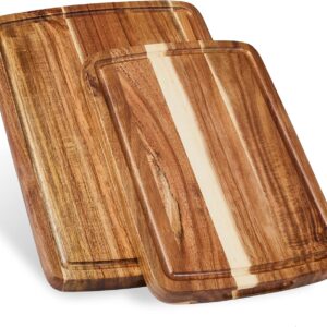 Set of 2 Sonder Los Angeles Acacia Wood Cutting Boards with Juice Groove, Gift Box Included - Small & Medium Sizes: 14x10x1in & 12x8x1in. Ideal for Meat, Vegetables, and Organic Produce Sustainable