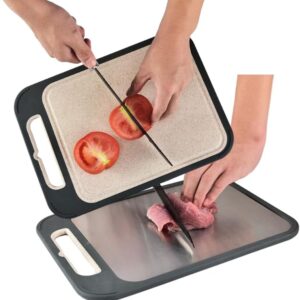 Stainless Steel Cutting Board with Easy Grip Handle - Anti Slip, Double Sided Wheat Straw and 304 Stainless Steel Chopping Board for Meat, Veggies, Fruits - Non Toxic, Easy to Clean, Dishwasher Safe