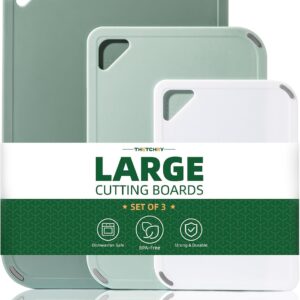 THETCHRY Plastic Cutting Board Set of 3-Cutting Boards for Kitchen BPA Free, Large-Small Chopping Boards Non-Slip for Cooking Camping Dishwasher Safe, Reversible, with Grip Handle, 15"×10"×0.6" Green