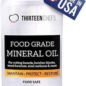 Thirteen Chefs Mineral Oil - 8 oz Food Grade Conditioner for Wood Cutting Board, Countertop & Butcher Block, Lubricant for Knife or Meat Grinder - Safe USP Finish on Marble, Soapstone
