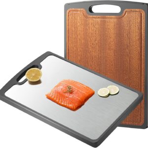 Titanium Cutting Board Double Sided, 15” Wood Cutting Board for kitchen, GR1 Titanium & Ebony Large Chopping Board for meat with Juice Groove for Meat & Veggies