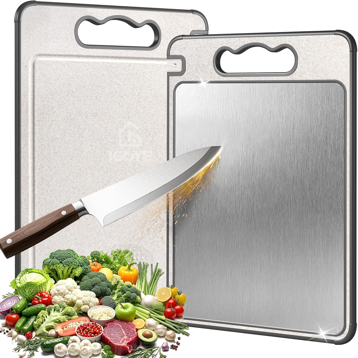 Titanium Cutting Board, Double Sided Chopping Board for Kitchen, Non Toxic Non Slip Cutting Board 14.37"*9.84", Food-Grade, Dishwasher Safe (1PCS of Pack,1 side Titanium Other side Wheat Straw PP)