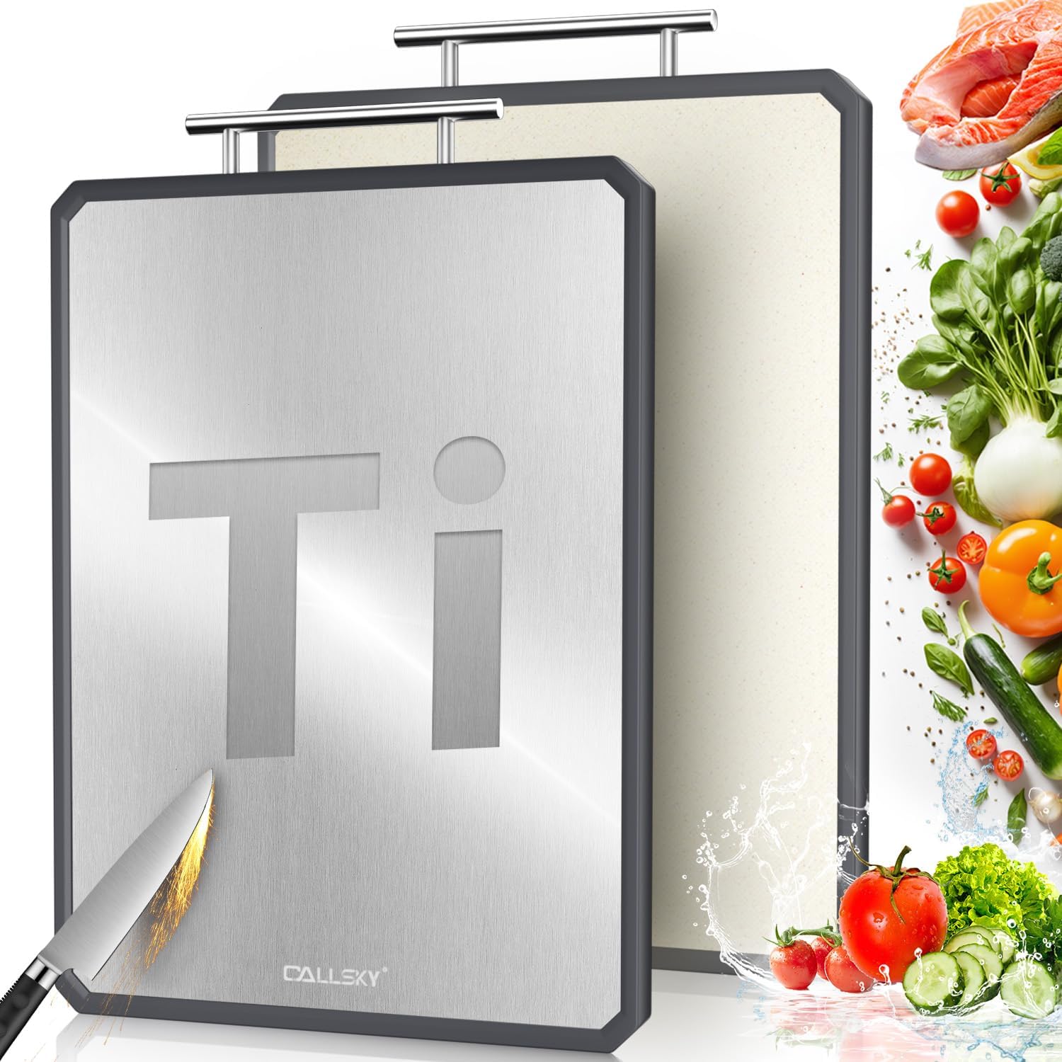 Titanium Cutting Boards for Kitchen, 2 in 1 Non Toxic Cutting Board, Food-Grade Double Sided Pure Titanium & Wheat Straw PP Chopping Board for Meat\/Vegetables, Dishwasher Safe Large 16.3\u201D×11-1 PC