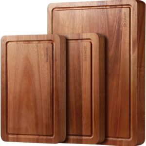 Wood Cutting Board, Acacia Cutting Boards for Kitchen, Set of 3, Solid Charcuterie Board with Juice Groove, Large Wooden Chopping Board for Meat, Cheese, Fruit, Vegetables (17x12, 12x10, 12x7 inch)
