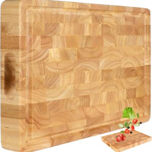 Wooden Butcher Block End Grain Cutting Board - 17x13x1.5in Reversible Multipurpose Chopping Board with Juice Groove, Cracker Holder & Inner Handles